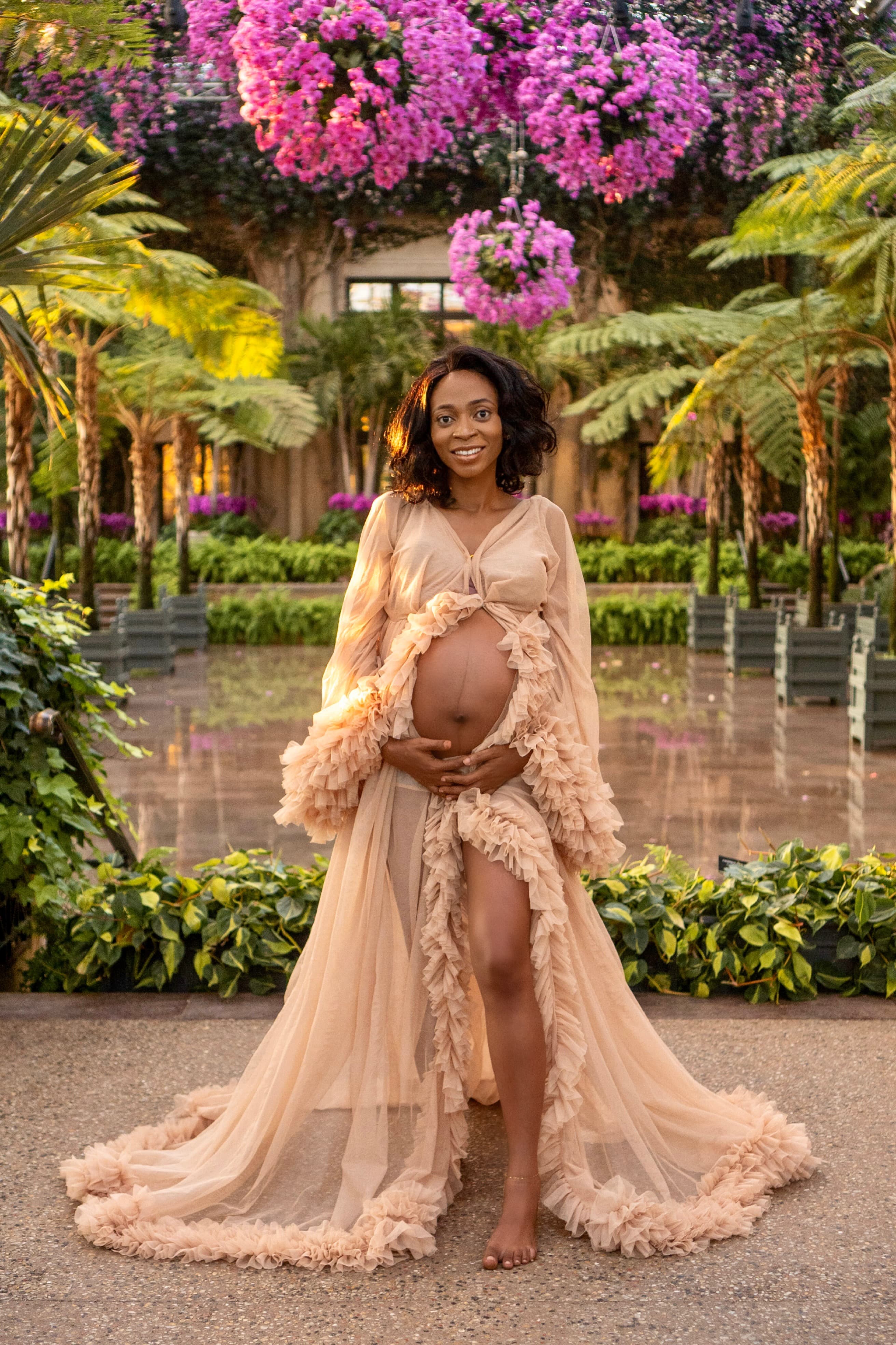 Maternity portrait, botanical garden, blush ruffled gown